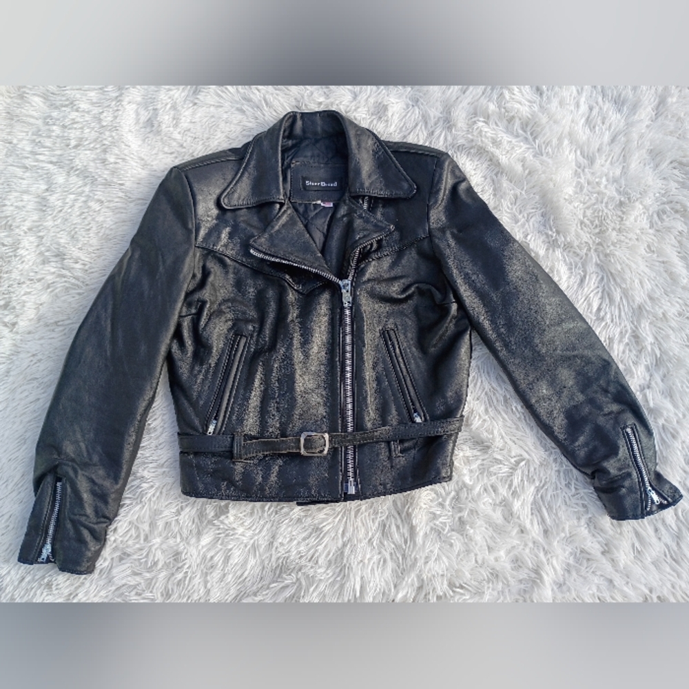 Steer Brand Black Leather Moto Jacket Belted Zip Front Size 14 USA - Picture 8 of 15